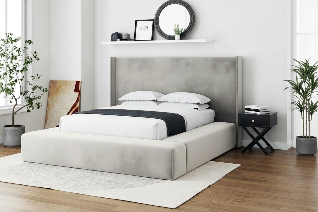 Silver Plush Wingback Bed With Storage