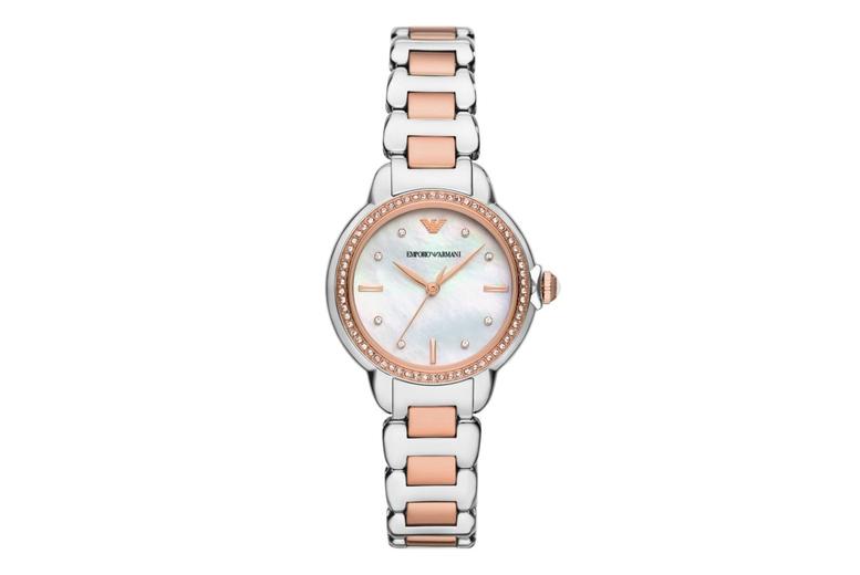 Emporio Armani Two Tone Mother Of Pearl Ladies Bracelet Watch