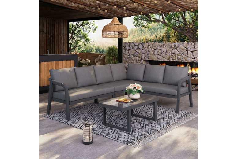 Modern Weather-Resistant 6-Seater Corner Garden Lounge Set With Glass Coffee Table - Galvanised Steel & Woven Design