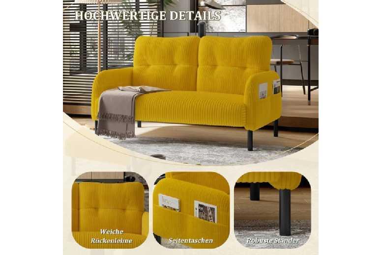 Modern Corduroy 2-Seater Sofa With Storage Pockets & Metal Legs - Compact Fabric Couch