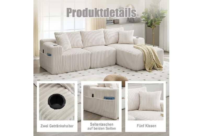 Modern L-Shaped Corduroy Velvet Corner Sofa, 2/3-Seater, Beige, Modular Design - 257Cm