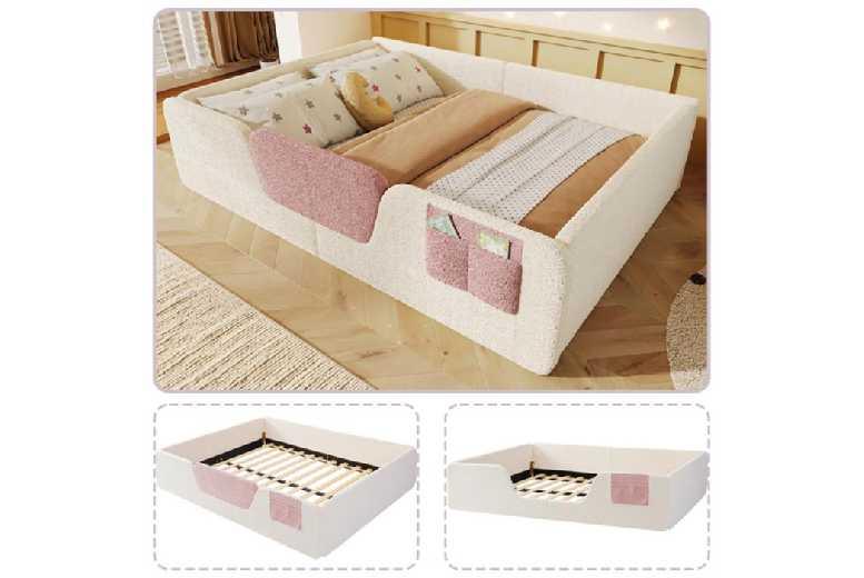 Velvet Beige Child Bed 140X190Cm With Removable Barriers And Storage Pocket