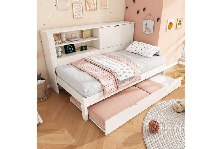 Modern White 2-In-1 Sofa Bed Frame With Trundle, Usb Charging & Storage - 90X190Cm