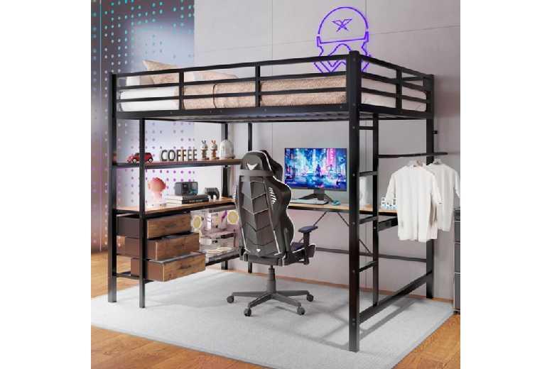 L-Shaped Kids Loft Bed 140X200Cm With Storage, Desk & Led Lighting