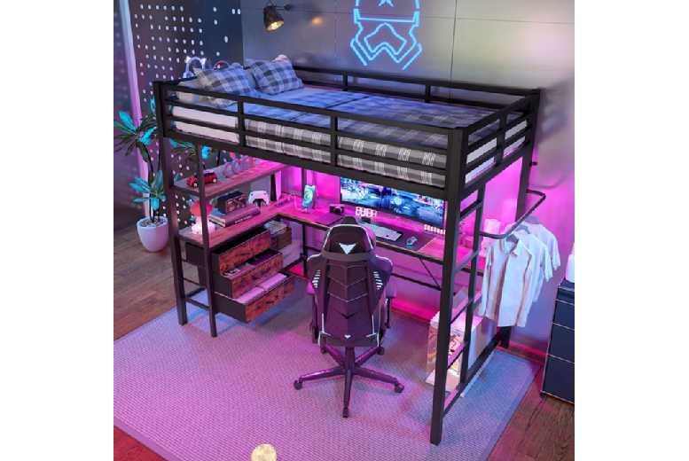 L-Shaped Kids Mezzanine Bed 90X200Cm With Led & Storage