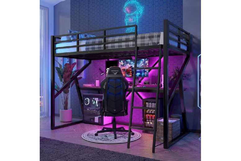Kids Loft Bed 90X200Cm With Led Lights, Desk & Safe Staircase