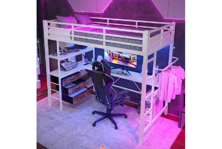 L-Shaped Kids Mezzanine Bed With Storage, Desk & Led Light