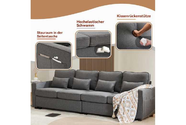 Modern Dark Grey Linen 4-Seater Sofa With Armrest Storage - Family Fabric Couch