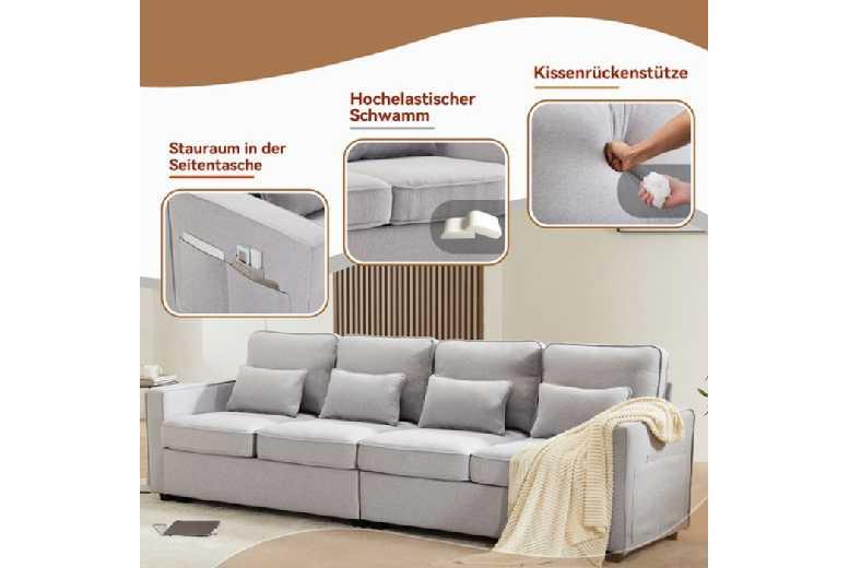 Modern Linen 4-Seater Fabric Sofa With Armrest Storage - Solid Wood Frame