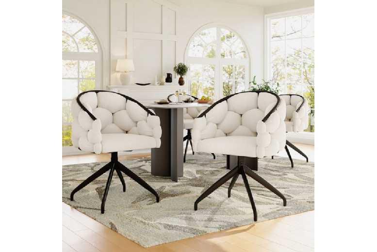 Set Of 4 Modern Velvet Swivel Garden Dining Chairs - Beige, Metal Frame, 4-Seater Outdoor Set