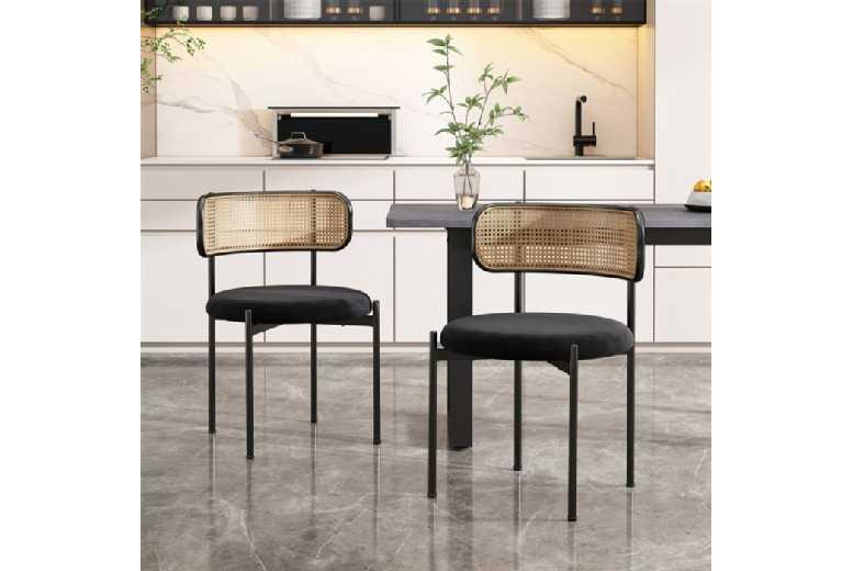 Outdoor Rattan Dining Chairs Set Of 2 - Metal Legs & Velvet Cushions, Modern Garden Seating