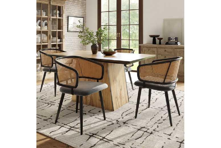 Set Of 4 Modern Rattan & Velvet Outdoor Dining Chairs - Metal Frame, Ergonomic, Weather-Resistant
