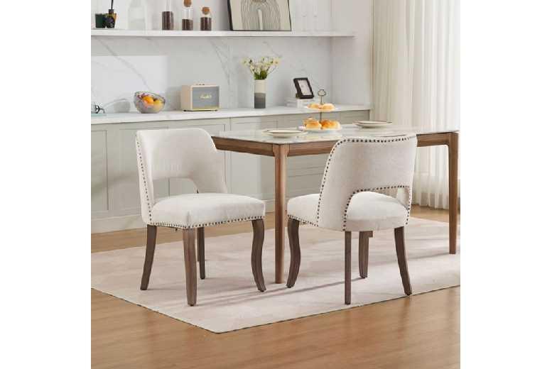 Set Of 2 Modern Velvet Outdoor Dining Chairs - Beige, Solid Wood Legs, Cut-Out Backrest