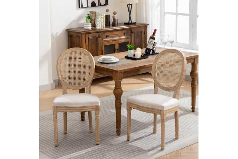 Set Of 2 Rattan & Solid Wood Outdoor Dining Chairs - Weather-Resistant, Medallion Style