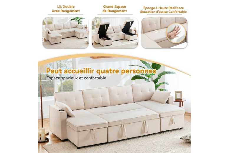Fabric U-Shaped Corner Sofa Bed With Storage, Cup Holders - 4-Seater Modern Modular Sofa