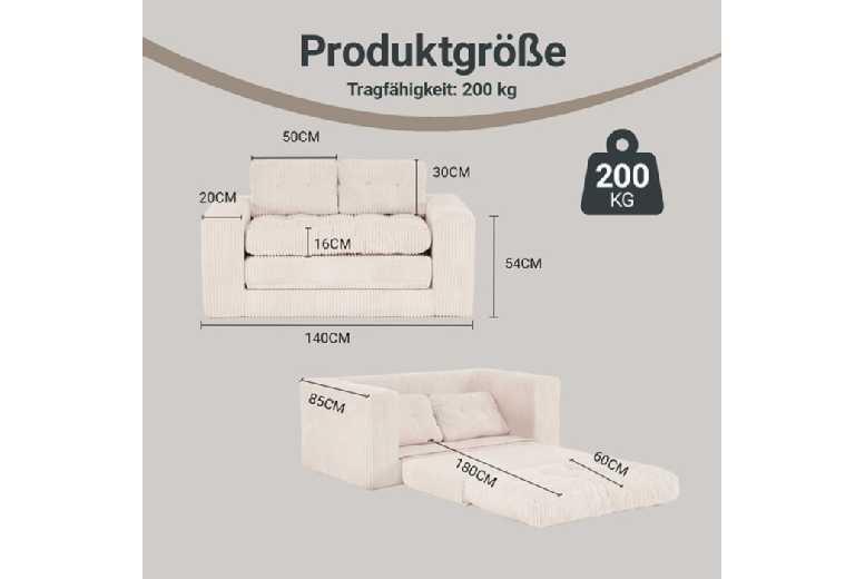 Beige Corduroy Modern 2-Seater Sofa Bed - Compact Convertible Fabric Couch