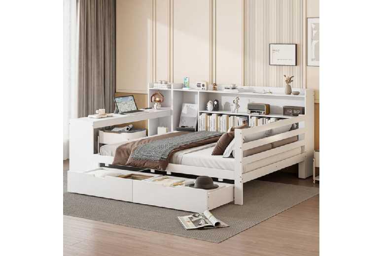 Solid Wood Double Sofa Bed With Desk, Storage Drawers & Shelves - Modern White Space-Saver