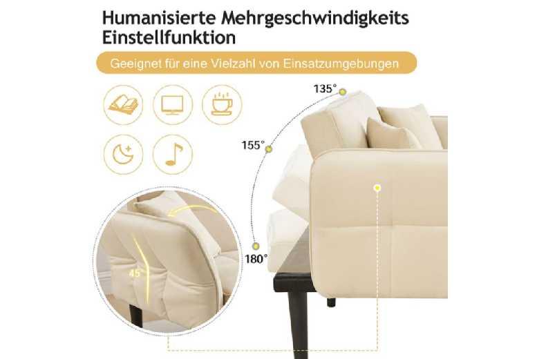 Modern Velvet 2-Seater Convertible Reclining Sofa Bed - Beige, Space-Saving Design