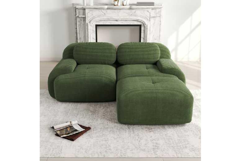 Green Corduroy Corner Sofa - Modern Modular 2-Seater, No Assembly Needed