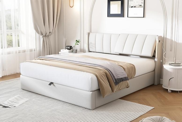 160X200Cm Faux Leather Bed With Led Lighting Usb Port And Hydraulic Storage